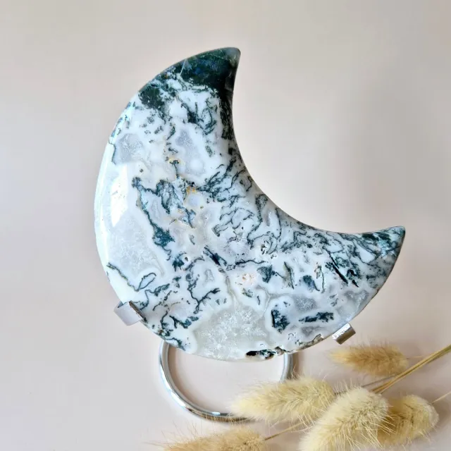 Moonlight Gemstones XL Edelsteen Mosagaat Maan op Standaard (Druzy & Patronen) #157 - 429g 13cm Meerkleurig