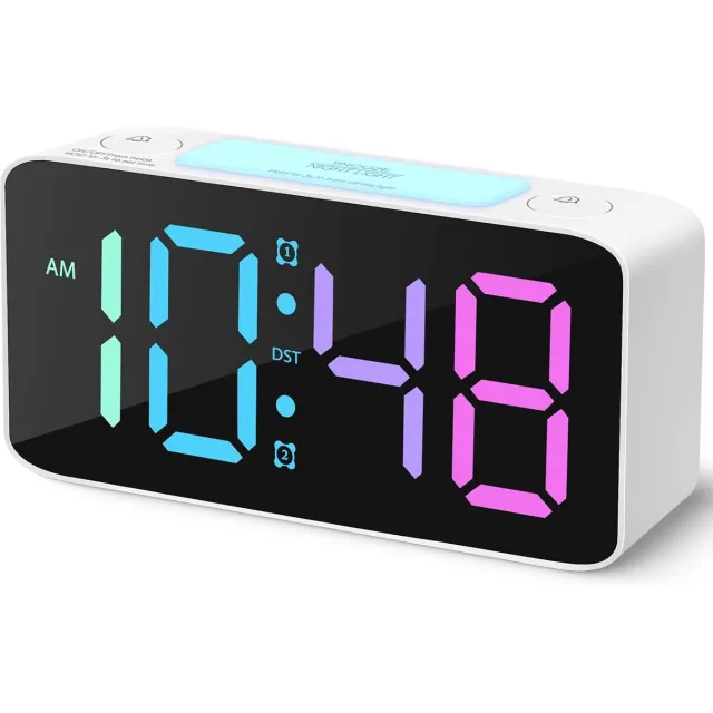 SNQ Wekker – Extra krachtig alarm – Ontworpen voor diepslapers – Digitale wekker met 7-kleurig nachtlampje – Instelbaar volume – USB-oplaadpoort – Compacte slaapkamerwekker – RGB-lichteffecten – Wit