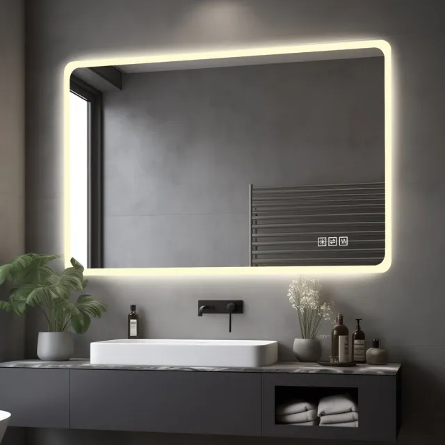 REDOM LED badkamerspiegel - Frontverlichting - Anti-condens - Geheugenfunctie - Wandspiegel - Modern - Voor binnen - Glas en metaal - Zilver - 100 x 60 cm