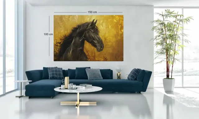 Trendex Global Canvas Schilderij - Paard - Dieren kunst - Wanddecoratie - 90x60x2 cm Goud