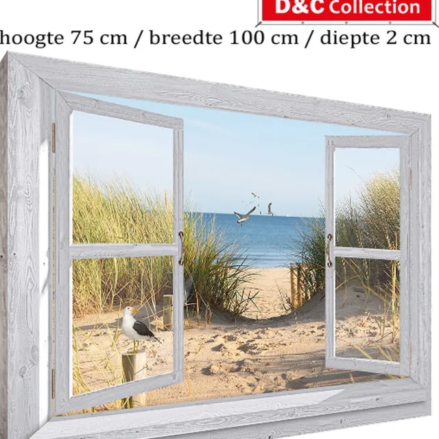 D&C Collection Buiten canvas doorkijk zeezicht - op houten frame gespannen - 100x75x2 cm - tuinposter doorkijk strand - wit luxe venster Hollandse duinovergang met meeuwen - om houten frame gespannen - tuin decoratie - tuinposters buiten - tuinschilderij - tuindoek wit, blauw, geel, groen