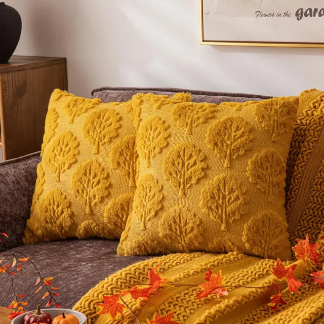 ZVD Sierkussenhoezen met herfstboommotief - 45x45 cm - Set van 2 - Zachte decoratieve hoezen voor de herfst - Geborduurd ontwerp - Geschikt voor banken, oogstseizoen, boho-stijl en feestdagen - Geel