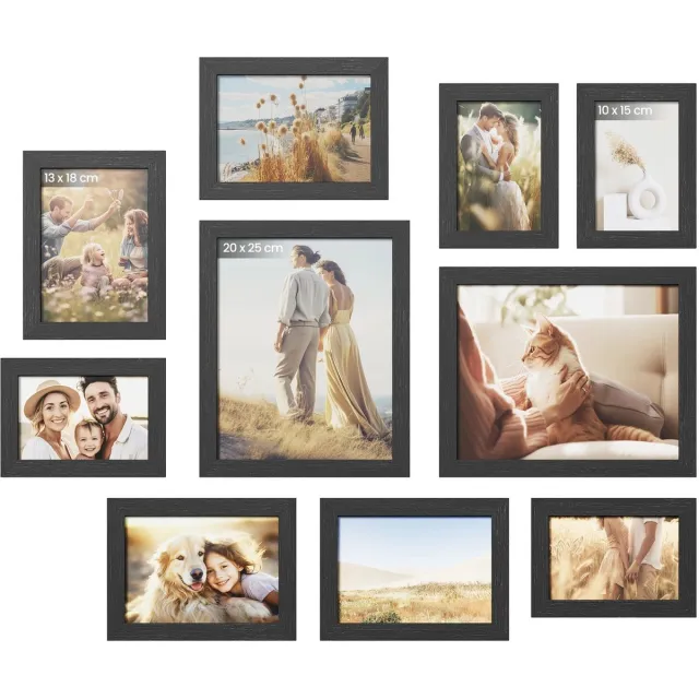 uJOY Fotolijst set van 10 stuks - Meerdere fotoformaten - Te gebruiken als wanddecoratie of staand op een tafel, kast of plank Zwart