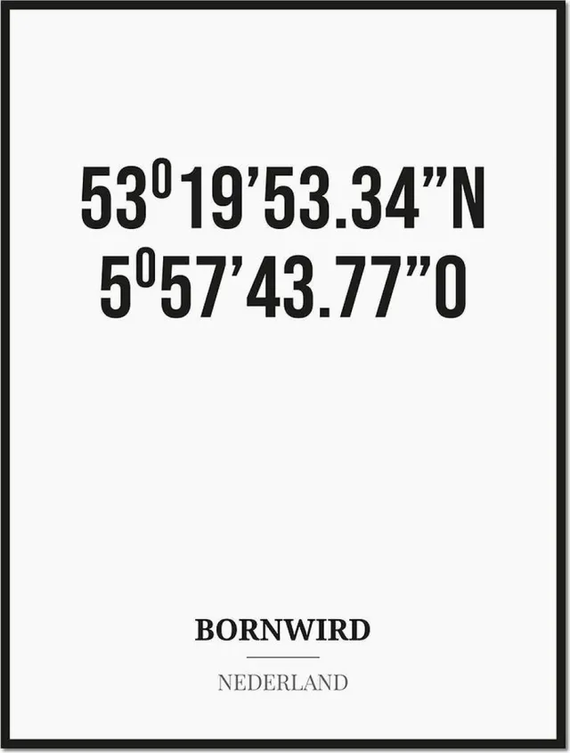 Studio216 Poster/kaart BORNWIRD met coördinaten zwart, wit