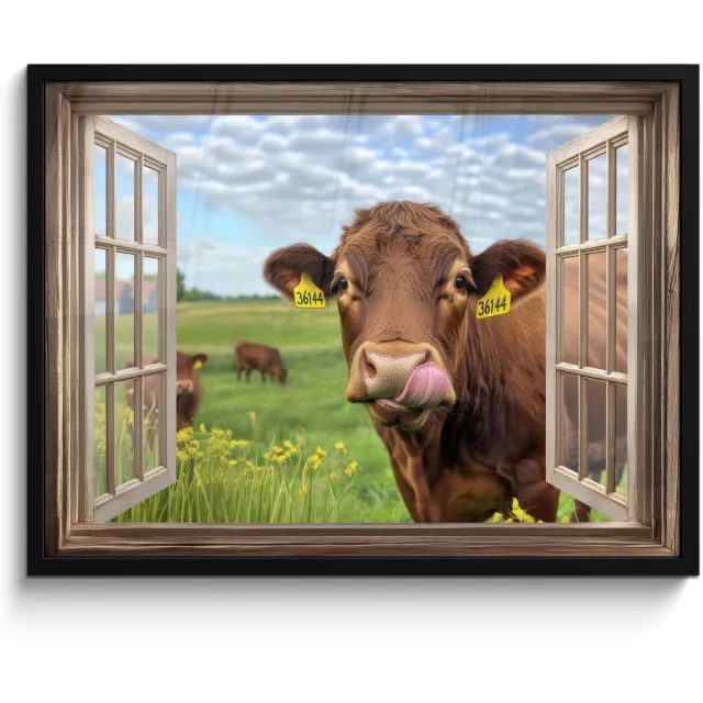 FrameYourWall Poster in lijst - Fotolijst 70x50 cm - Posters - Doorkijk - Koe - Weiland - Landschap - Dieren - Posterlijst zwart - Decoratie - Wanddecoratie woonkamer - Muurdecoratie slaapkamer Koe - Landschap