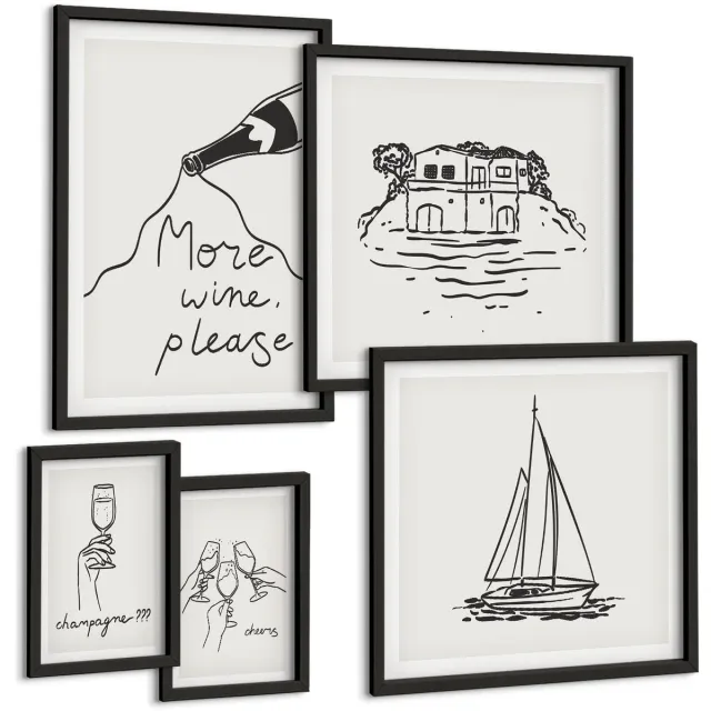 TULUP 4-Delige Schilderij Set - Stijlvolle afbeeldingen met thema's als wijn en ontspanning aan het water. - 50 x 50 cm, 20 x 30 cm en 40 x 60 cm - Wanddecoratie - Schilderijen Set - Interieur - Interieur Decoratie Zwarte lijst