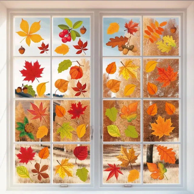 SNQ Herfst Raamstickers - 6 Vellen Esdoornblad Raamdecoratie - Geschikt voor Glas - Thanksgiving Decoratie - Herfstbladeren Motief - Verwijderbaar en Herbruikbaar - Feestelijke Raamfolie Meerkleurig