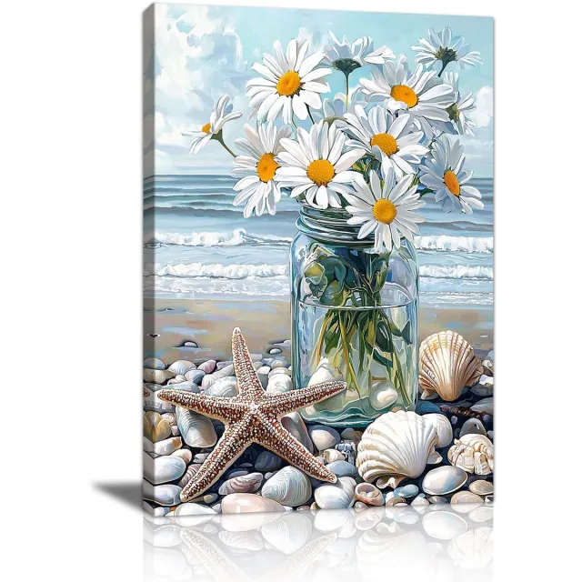 Ibenzoa Moderne Canvas Wandkunst Met Bloemen En Kustlandschap Voor Woon- En Slaapkamerdecoratie 40x60cm blauw