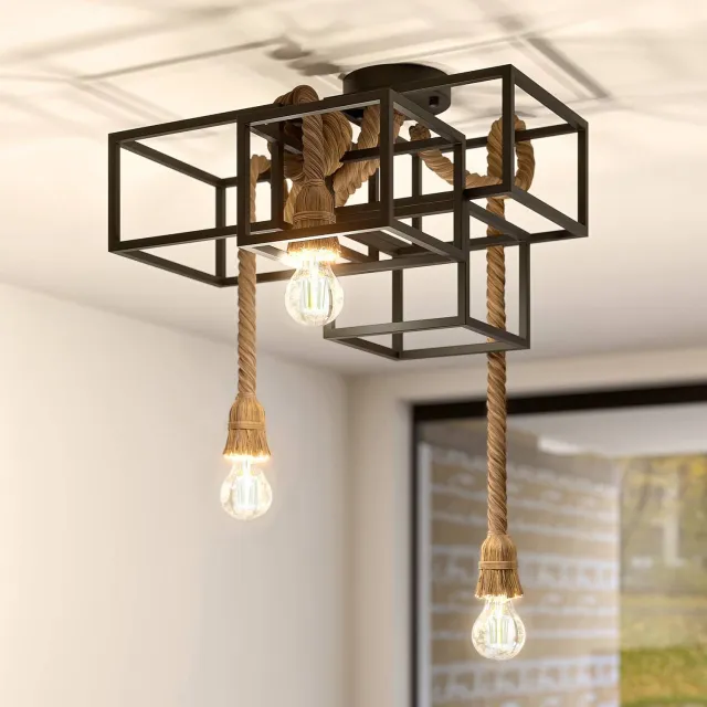 Lucande plafondlamp - 3lichts - Staal, touw - H: 26.5 cm - E27 - zandzwart, lichtbruin
