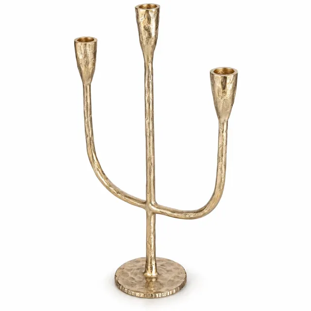 Cheqo Kandelaar Goud voor 3 Dinerkaarsen - 3-Armige Kandelaar - Kaarsenhouder van Aluminium - Kaarsenstandaard met Ruwe Afwerking - Gouden Tafeldecoratie - Tafelstuk voor de Eettafel - Kerstdecoratie voor het Kerstdiner - Woondecoratie
