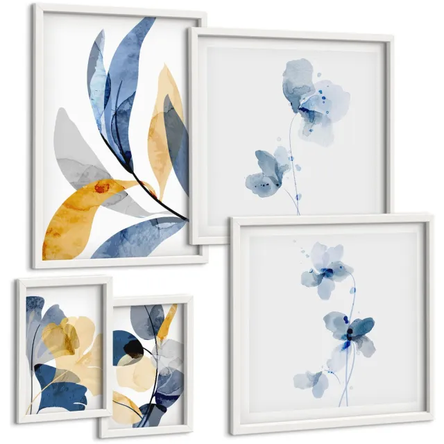 TULUP 4-Delige Schilderij Set - Plantmotieven in pasteltinten voor interieurs - 50 x 50 cm, 20 x 30 cm en 40 x 60 cm - Wanddecoratie - Woonkamer Decoratie - Interieur Decoratie Witte lijst