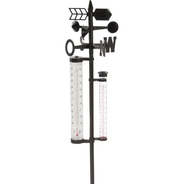 Bellatio Design Regenmeter weerstation - thermometer - windwijzer - neerslagmeter - op stok - 150 cm