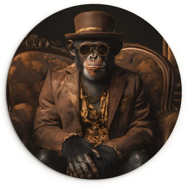 WallCircle Wandcirkel 90x90 cm - Muurcirkel Chimpansee - Stoel - Pak - Bruin - Muurdecoratie woonkamer - Wanddecoratie slaapkamer - Kamer decoratie accessoires - Ronde schilderijen Chimpansee - Hoed
