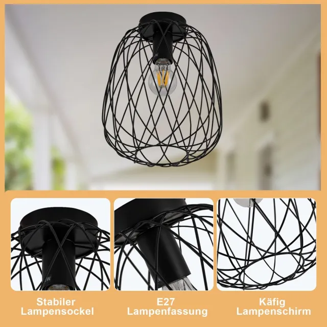 NETTLIFE Plafondlamp E27 - ovaal - zwart - industriële vestibule lamp - metaal - met kooi design - voor woonkamer keuken slaapkamer - 25cm-excl. lichtbron
