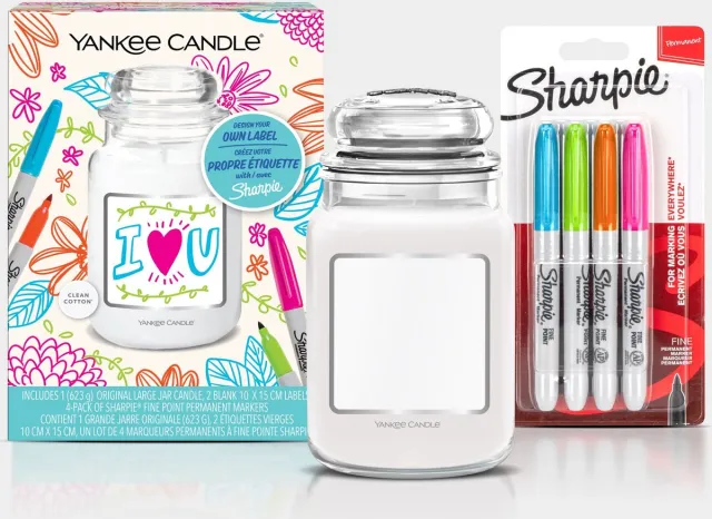 Yankee Candle Sharpie Cadaeauset - Clean Cotton Large Jar - Maak je eigen cadeau - 150 branduren Wit