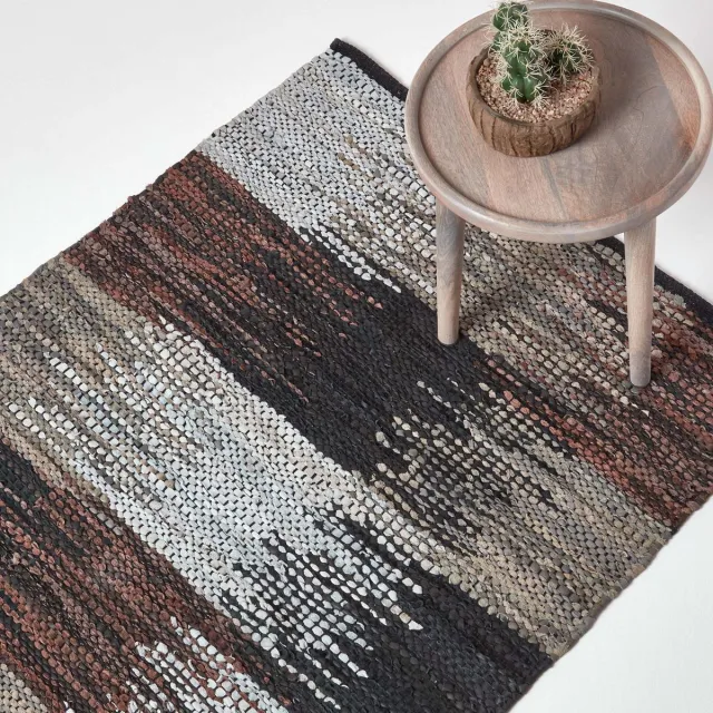 Homescapes Gerecycled leren vloerkleed in grijs, bruin en zwart, 120 x 180 cm Zwart, Grijs en Bruin