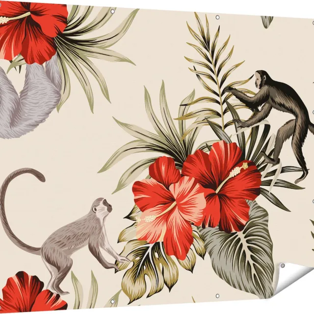 Gards Tuinposter Tropische Bloemen met Apen Achtergrond - 150x120 cm - Tuindoek - Tuindecoratie - Wanddecoratie buiten - Tuinschilderij Multikleur