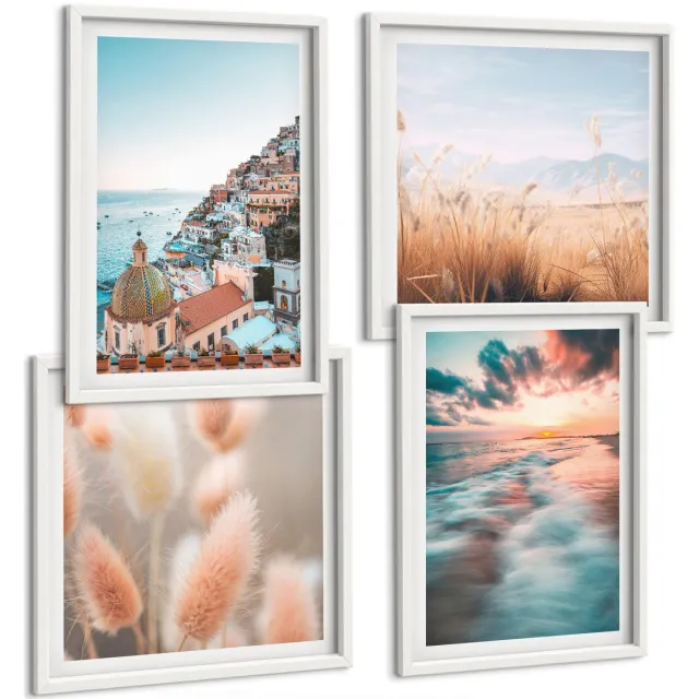 Coloray 4-Delige Schilderij Set - Uitzicht Op Zee, Zonsondergang, Kleurrijke Huizen, Bloemen - 40 x 40 En 40 x 60 - Wanddecoratie - Schilderijen Set - Interieur - Moderne Wanddecoratie Witte lijst