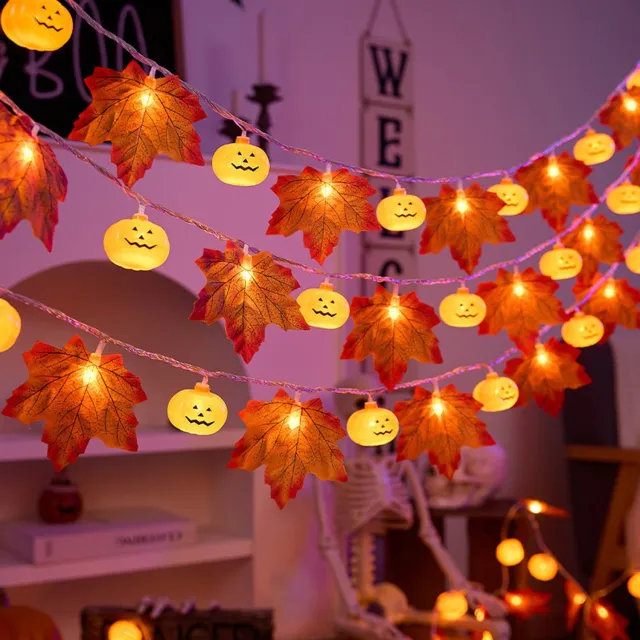 YAGXIG Halloween-lichtslinger – Esdoornblad-lichtslinger – Halloween-decoratie – Thanksgiving-decoratie – Sfeerverlichting – 6 meter, 40 lampjes – Werkt op batterijen – Thuis & Feest – Herfstdecoratie – Pompoen-esdoornblad-lichtslinger