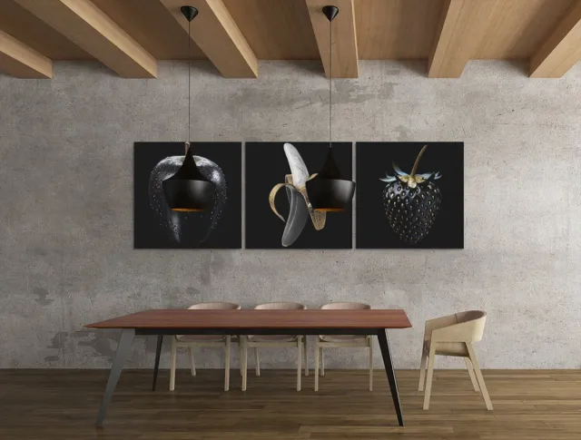 Trendex Global Vruchten Drieluik Schilderijen – Goud en Zwart - 3-Delige Canvas Wanddecoratie – Fruit Kunst voor Keuken & Woonkamer - 3x30x30 cm