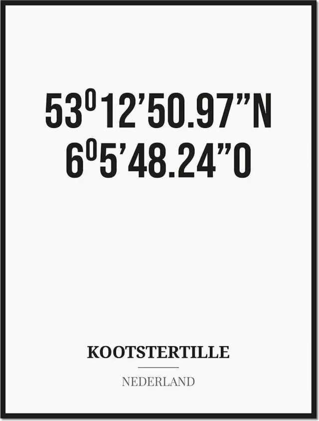 Studio216 Poster/kaart KOOTSTERTILLE met coördinaten zwart, wit