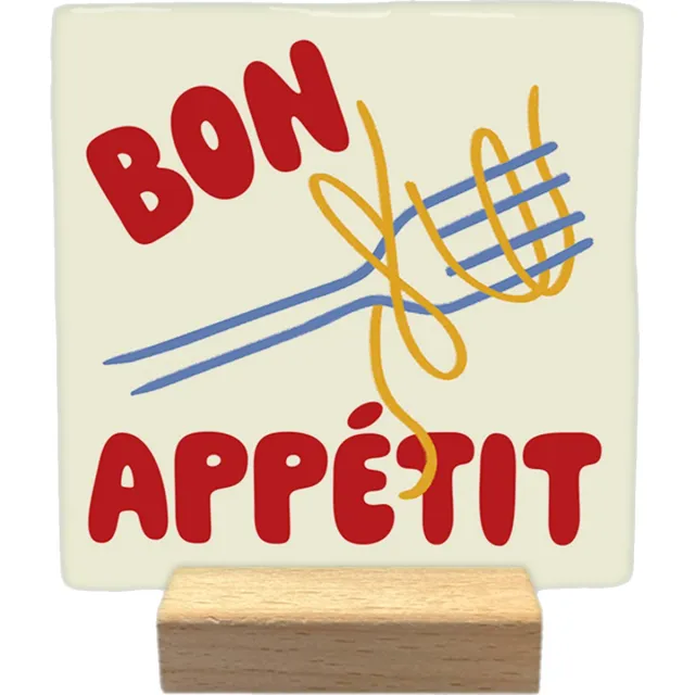 Artige Decoratie tegel met tekst- Bon appétit - keramisch - 10x10 cm - inclusief houder Geel