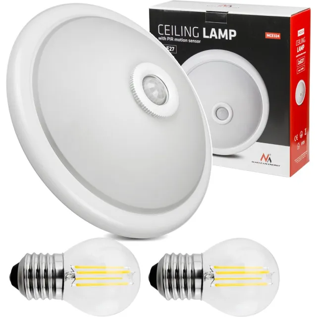 Maclean Plafondlamp met een PIR bewegings- en schemersensor + 2 E27 6W gloeilampen LED - 40W, E27, 220-240V~ 50/60Hz wit