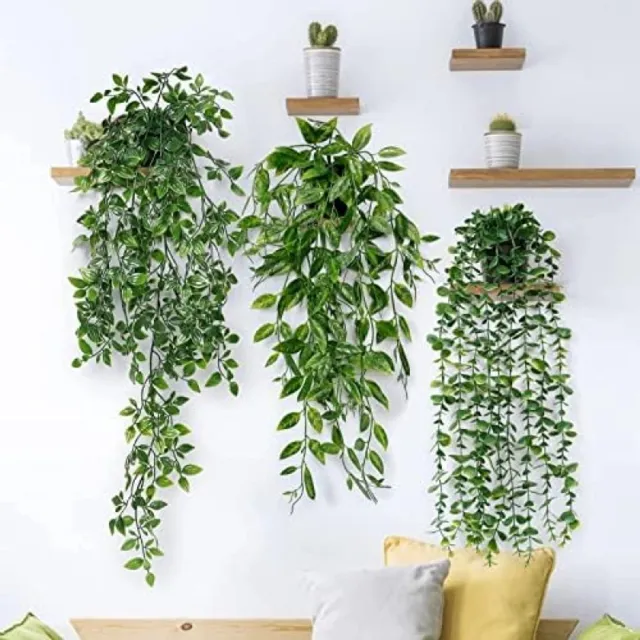 PromoHome 3 stuks Kunstmatige Hangplanten Set - Eucalyptus, Klimop en Erwtenpeulen - 63 cm Lange Onderhoudsvrije Nep Planten met Potten voor Binnen en Buiten Decoratie Groen-3