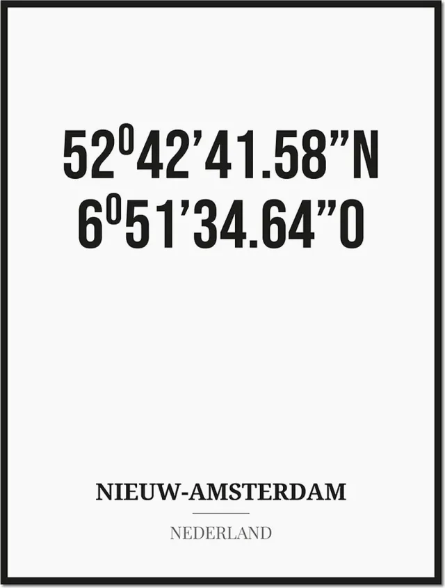 Studio216 Poster/kaart NIEUW-AMSTERDAM met coördinaten zwart, wit