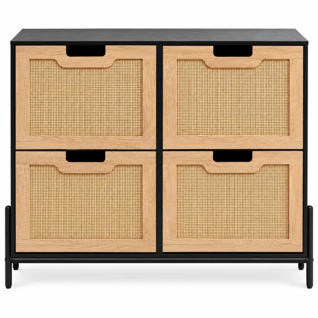 Tremeo Rotan Schoenenkast - Stijlvol - Zwart - 4 kantelvakken - 16 paar - Schoenen opbergsysteem - Organizer - 23 × 100 × 87,9 cm Zwart met houten look