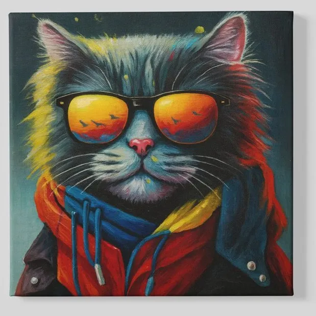 Trendex Global Vierkant Canvas Schilderij Dieren - Coole kat met Zonnebril - 100x100 cm Kleurrijk