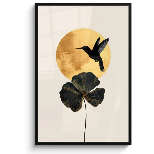 FrameYourWall Poster in lijst - Fotolijst 80x120 cm - Posters - Zwarte kolibrie - Bloem - Gouden cirkel - Posterlijst zwart - Decoratie - Wanddecoratie woonkamer - Muurdecoratie slaapkamer