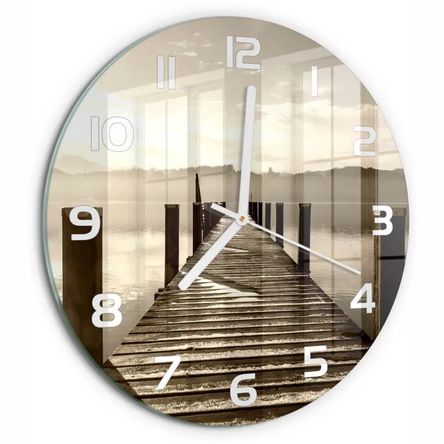 TULUP Wandklok - Houten brug Wandklok Glas Met Motief - fi30 cm - Bruin Decoratieve Glazen Klok - Witte handen - Ronde Klok - Gekleurde Glazen Klok - Glazen Klok Met Print