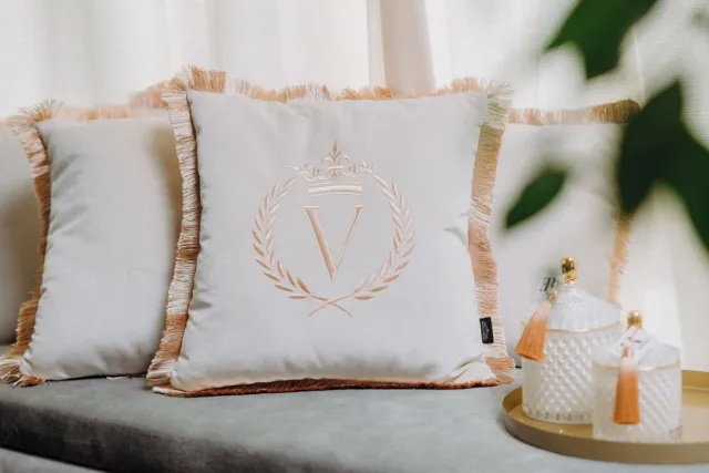 Sandra Mika Embroidered pillow / personalised pillow / monogram pillow / decorative cushion 40x 40 beige velvet letter V