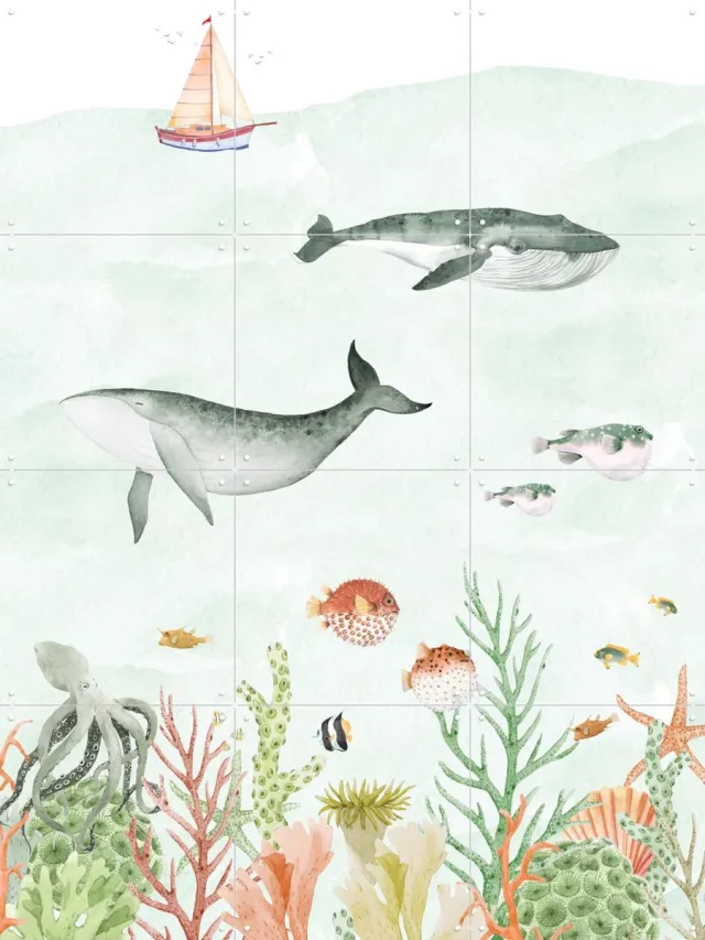 IXXI Sealife, Creative Lab Amsterdam - 60 x 80 cm - Grote wanddecoratie en posters - Illustraties, Grafisch Ontwerp, Speels, Aquarel, Woonkamer Blauw / Lichte tinten