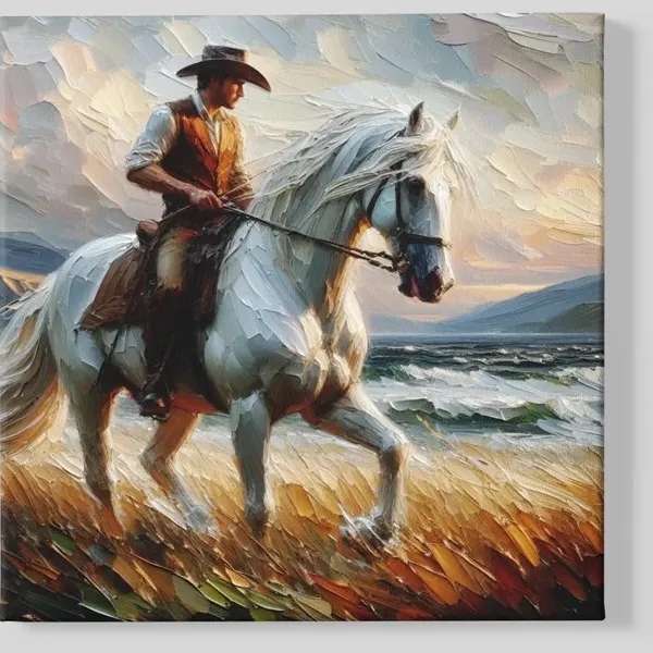Trendex Global Vierkant Canvas Schilderij - Cowboy Portret - Western Stijl - Vintage Look - 60x60x2 cm Wit