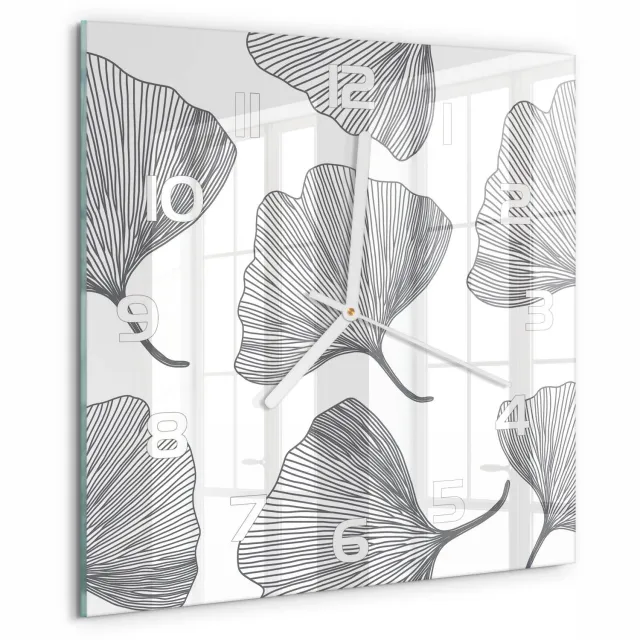 TULUP Wandklok - Ginkgo Glazen Klok Met Print - 30x30 cm - Zwart-wit Wandklok Glas Met Motief - Witte handen - Vierkante Klok - Wandklok Glas Decoratie - Gekleurde Glazen Klok