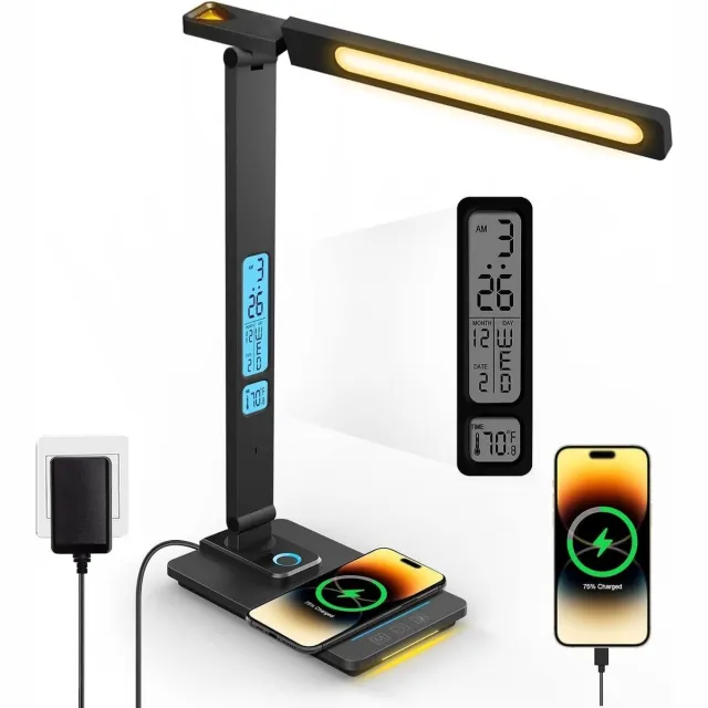 ibettertec LED Bureau Lamp - LED geïntegreerd - Dimbaar - 3 Lichtkleuren - Draadloos Opladen - USB Oplaadfunctie - 3 Kleurtemperaturen - 5 Helderheidsniveaus - Temperatuur Alarm en Kalenderfunctie Zwart