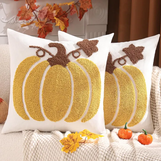 ZVD Herfst-sierkussenhoezen – 45x45 cm – Set van 2 – Halloween-decoratie – Geborduurd ontwerp – Verborgen ritssluiting – Geschikt voor Thanksgiving-feesten en herfstinterieur – Stijl met gele pompoen geel