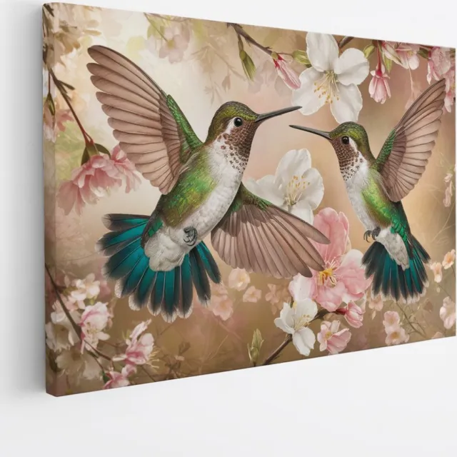 Saammp Canvas Schilderij - 2 Kolibries tussen de bloemen - Dieren - Bloemen - 90x60 - Foto op canvas - Wanddecoratie - muurdecoratie Woonkamer - Slaapkamer decoratie - Canvas Print Multicolor