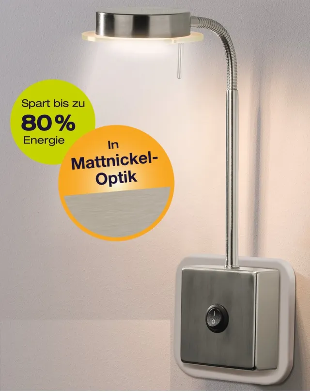 Trango Stekkerlamp 2605 in RVS look incl. 5 Watt 3000K warm witte LED module lamp, wandlamp, leeslamp, keukenlamp, nachtlampje wandlamp, fitting lamp Nikkel mat