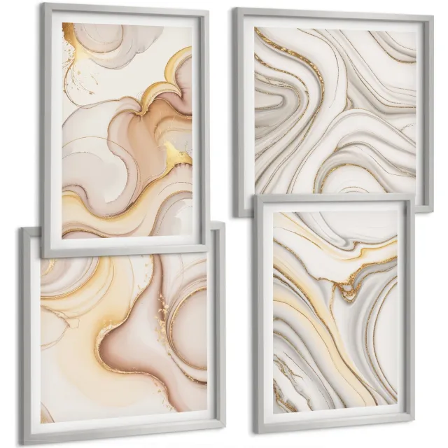 TULUP 4-Delige Schilderij Set - Lineaire abstracte motieven, stijlvolle decoratie - 40 x 40 cm en 40 x 60 cm - Muurdecoratie - Interieur Decoratie - Stijlvolle Muurdecoratie Zilveren lijst