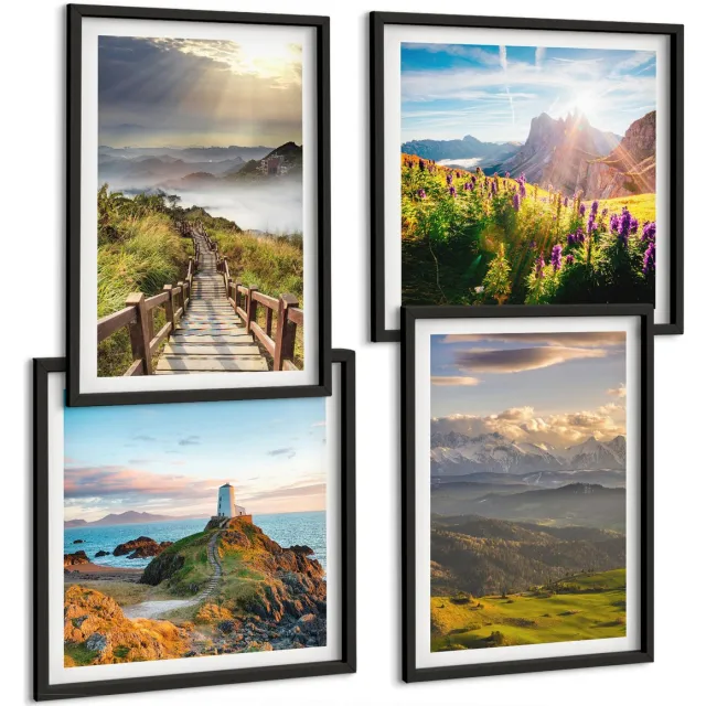 Coloray 4-Delige Schilderij Set - Berglandschappen Met Bloemen, Lucht En Pad. - 40 x 40 cm En 40 x 60 cm - Moderne Wanddecoratie - Woonkamer - Woonkamer Decoratie Zwarte lijst