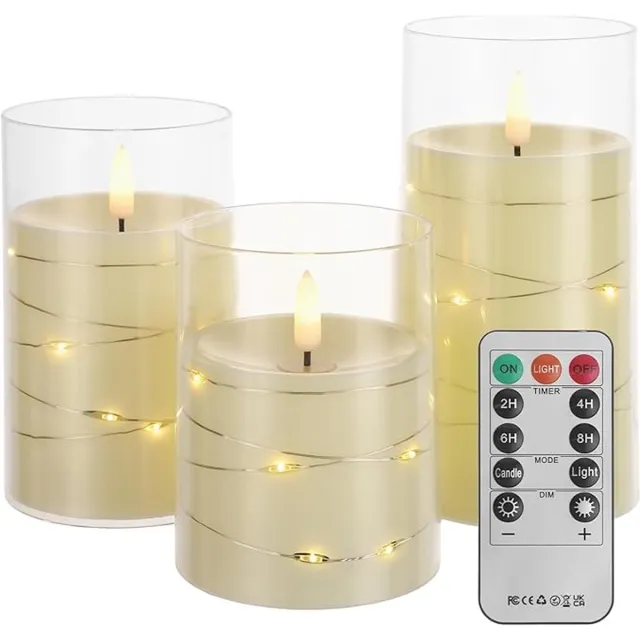 iBright Led kaarsen in glas - Set van 3 - Met LED lichtjes - Fairy lights - Wit - Inclusief afstandbediening