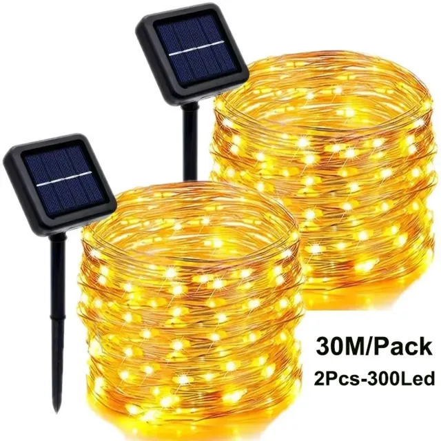 Flintry Set van 2 – 300 LED's, 30 meter – Solar-lichtsnoer – 8 standen (o.a. fonkelend) – Warm wit – Waterdicht – Voor buiten – Met geheugenfunctie en timer – Koperdraad – Kerstverlichting voor slaapkamer, tuin, feestjes en feestdagen – Kerstdecoratie