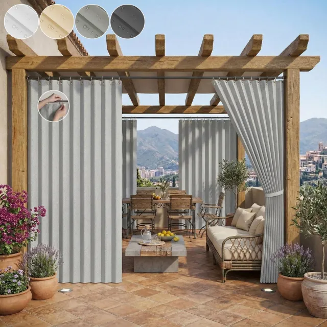 Qelus Anti-Haak Buitengordijn Waterdicht - Krasbestendig Outdoor Gordijn met Permanente Plooi 140x200 cm - Slijtvast Verduisterend Terrasgordijn voor Tuin & Balkon - Lichtgrijs - 1 paneel Lichtgrijs - 1 Stuk
