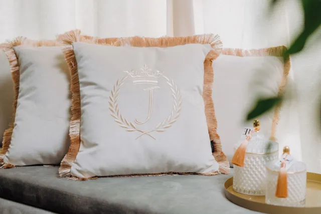 Sandra Mika Embroidered pillow / personalised pillow / monogram pillow / decorative cushion 40x 40 beige velvet letter J