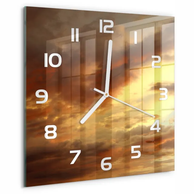 TULUP Wandklok - Zonsopgang Gekleurde Glazen Klok - 30x30 cm - Geel Glazen Klok Met Print - Witte handen - Vierkante Klok - Moderne Wandklok Glas - Wandklok Glas Decoratie