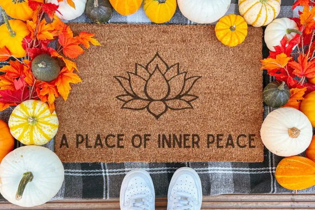 Laser Point A Place Of Inner Peace | 60x40 cm | Nieuwe huis cadeau | Ingangsmat | Deurmat met stijl | Verhuizing cadeau | Praktisch & trendy | Perfect voor binnenkomst | Cadeau voor nieuwe woning Bruin | Zwart (Gravering 60x40)