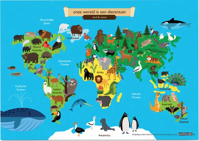 eduposters Educatieve poster (Posterpapier) - Topografie wereld land en water - 42 x 29.7 cm (A3) Blauw